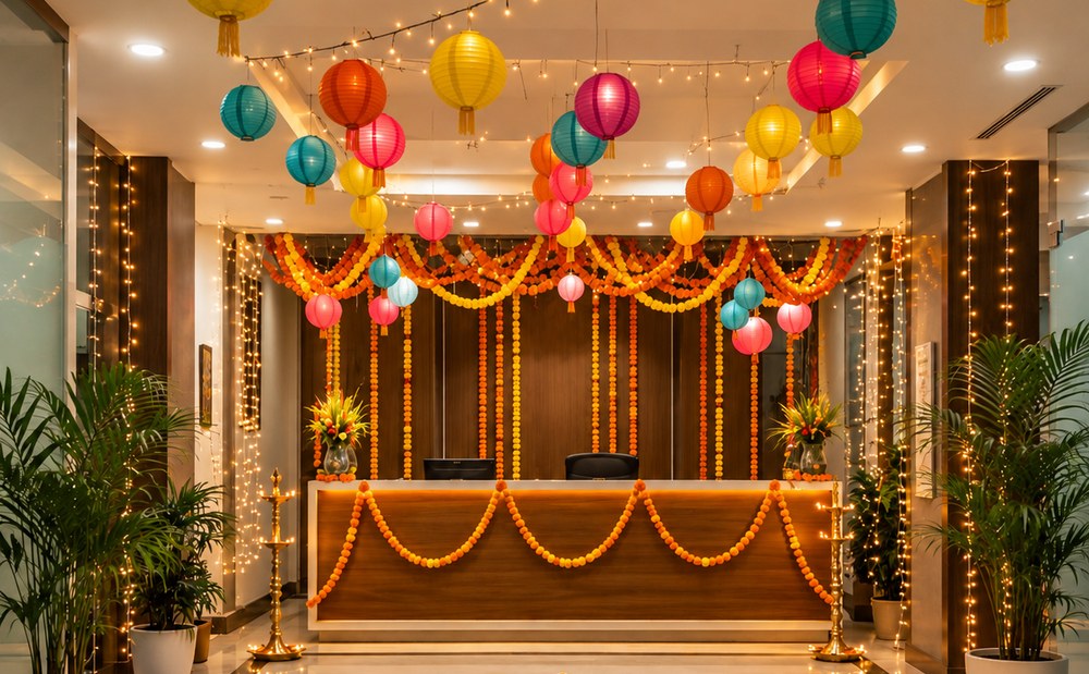 Reception area decor with paper lanterns, marigold garlands, fairy lights and a decorated reception counter