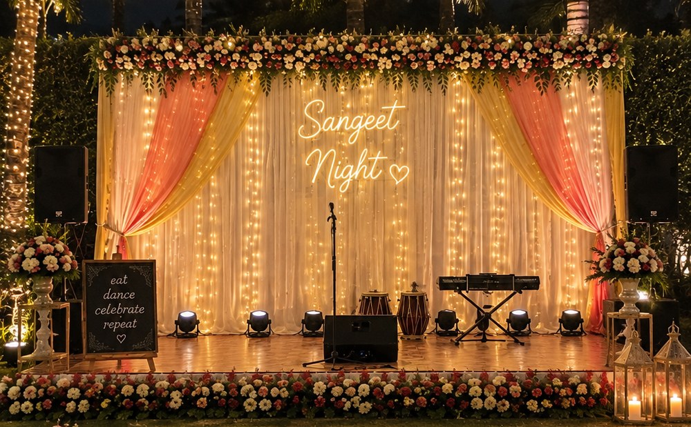 Sangeet night stage with a floral backdrop, curtains, fairy lights, speakers and candle lanterns