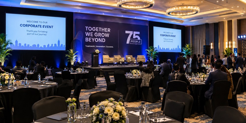 Corporate event venue ballroom with a stage, LED screens, chandeliers and round tables