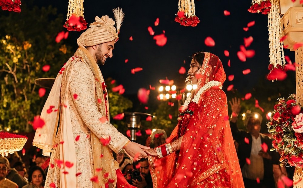Bride and groom at a wedding mandap with red roses, jasmine strings and falling petals
