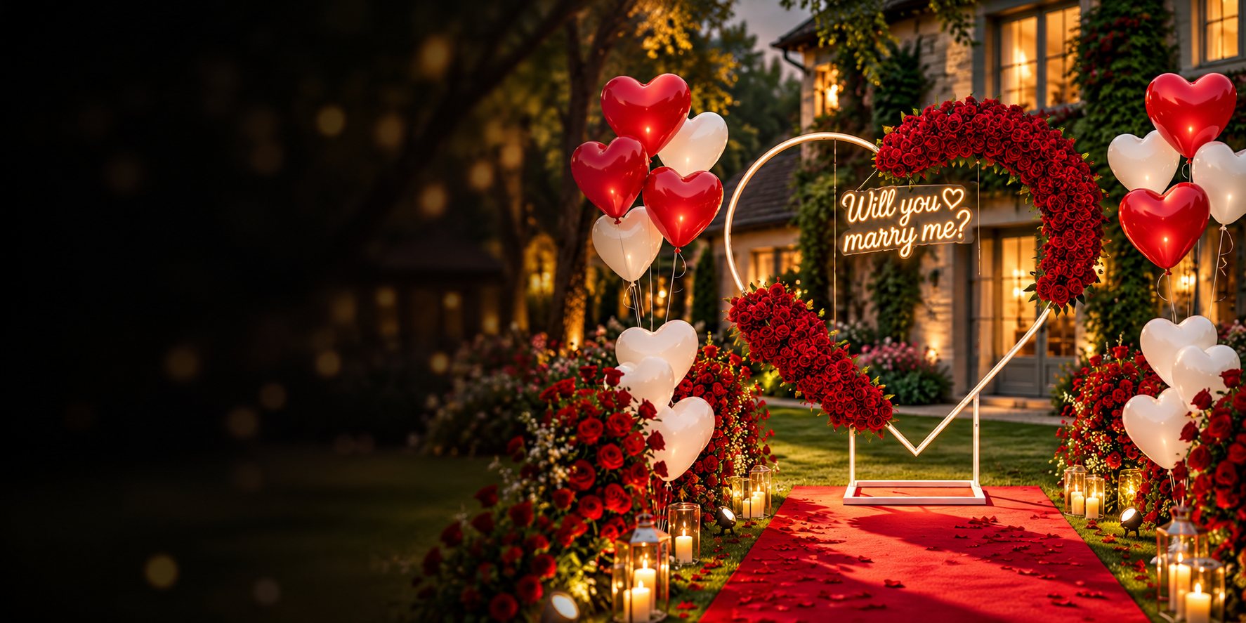 Proposal setup with a heart-shaped rose arch, Will you marry me neon sign, heart balloons, candles and red carpet