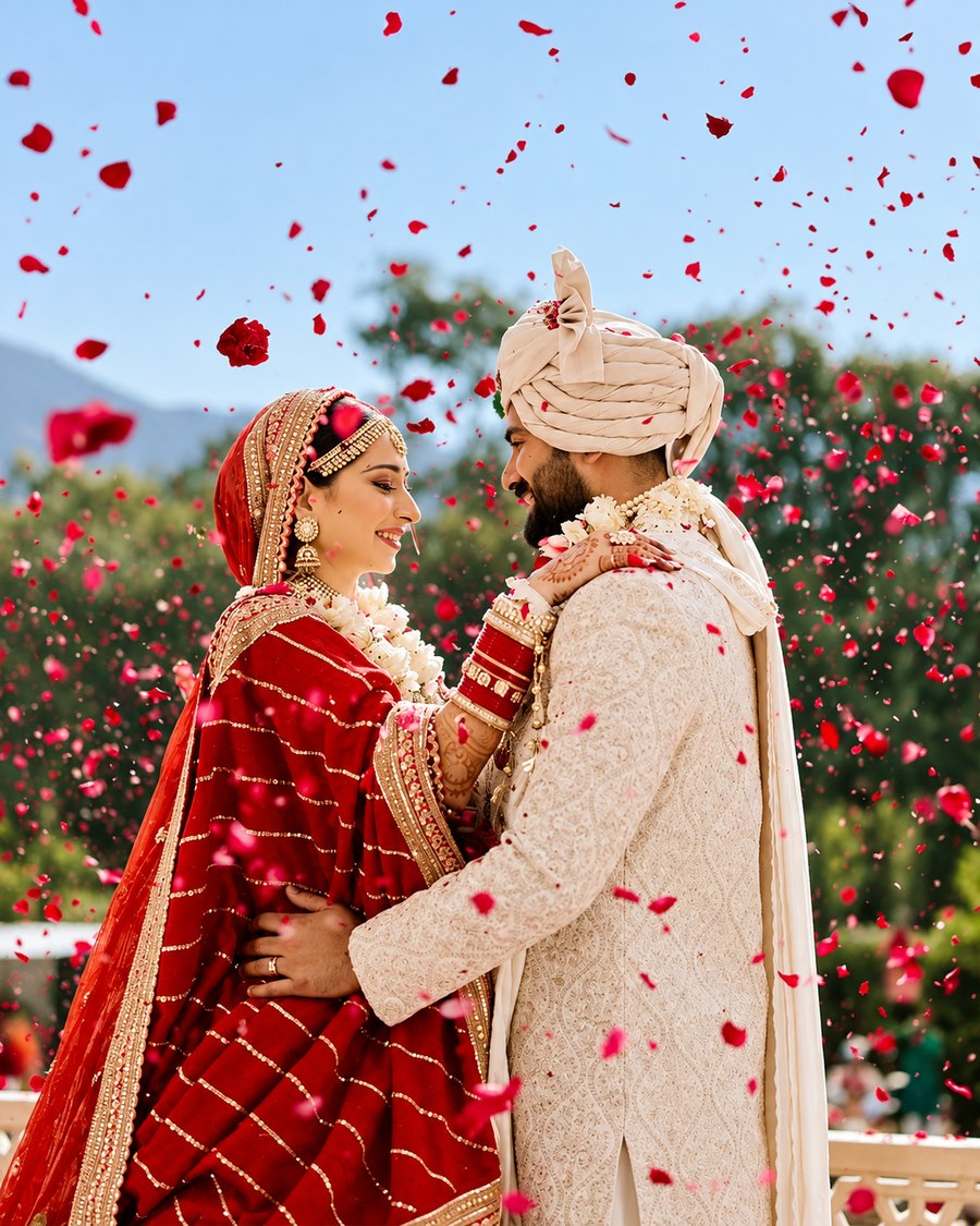 Bride and groom celebrating their wedding with flower petals